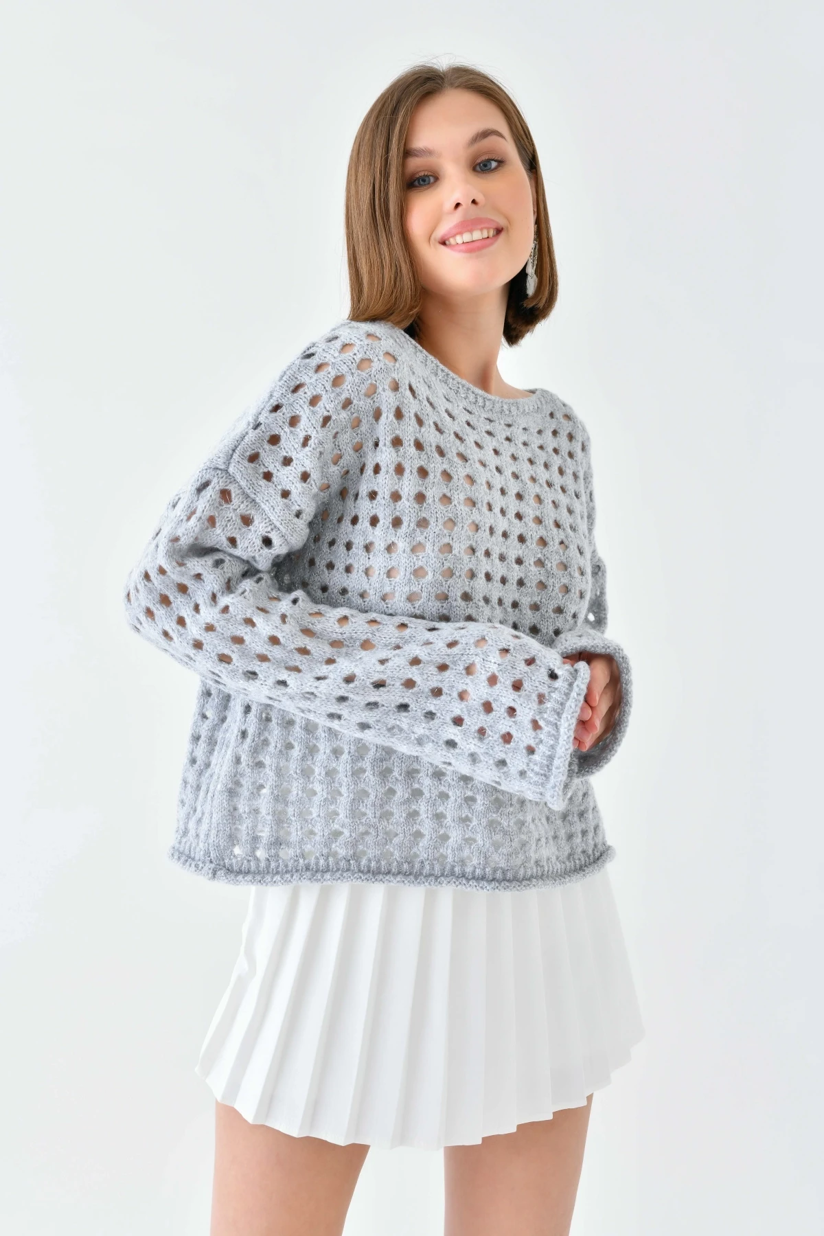 Simli Örgü Detaylı Oversize Bisiklet Yaka Triko Kazak