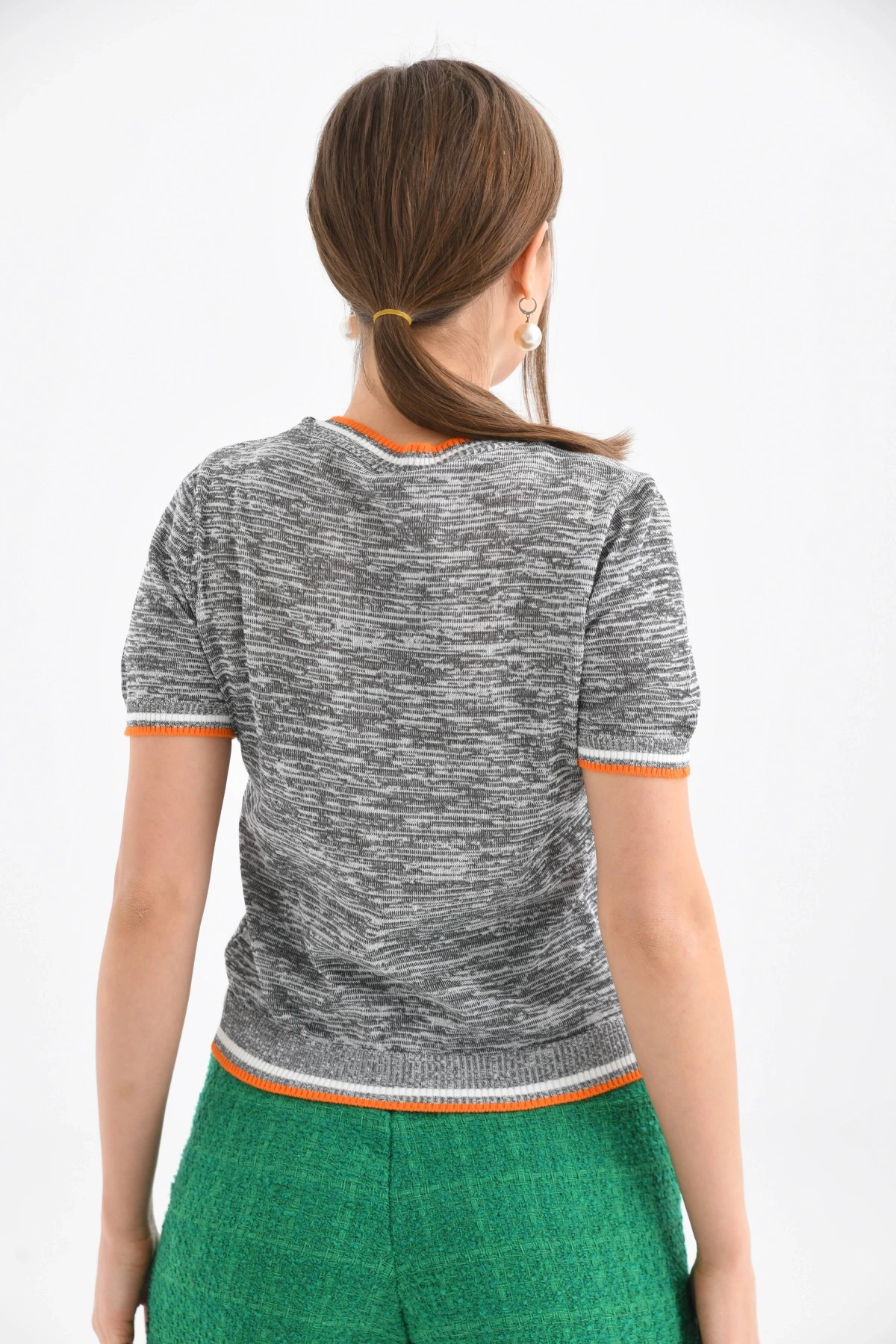 Gri-Turkuaz Kalp Desenli Kısa Kol Mevsimlik Kazak