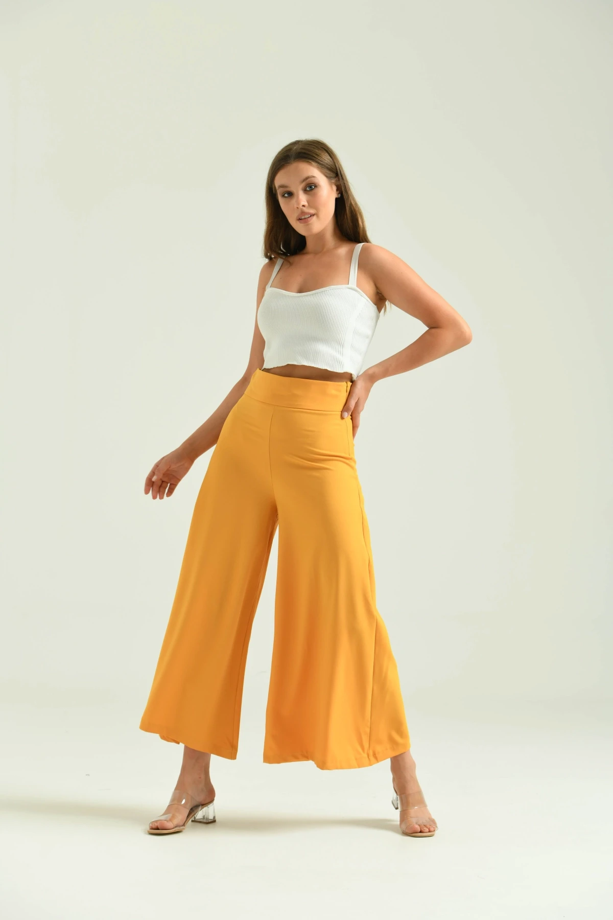 Kadın Hardal Yüksek Bel Etek Pantolon