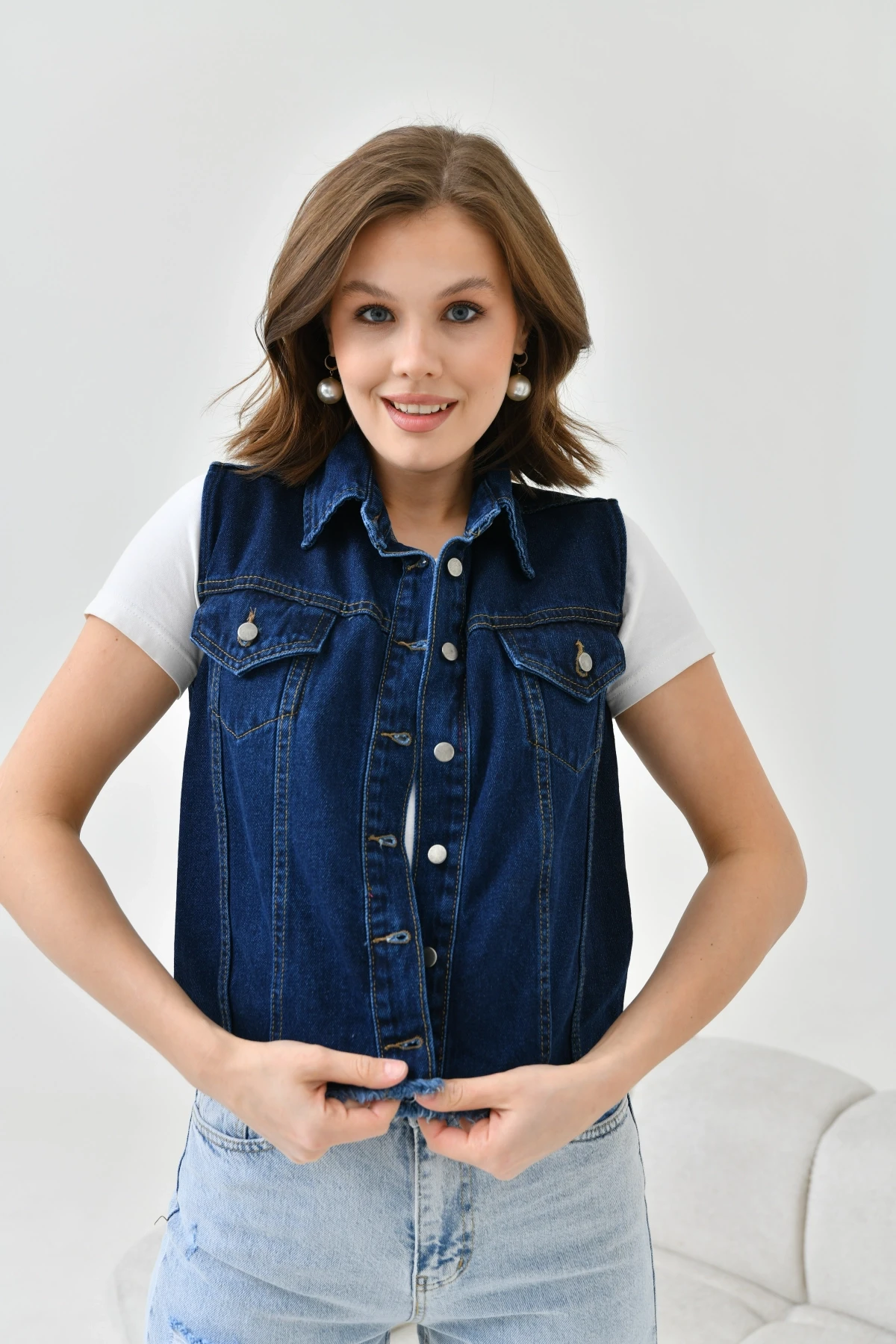 Kadın Koyu Mavi (Enzim) Düğme Detay Jean Yelek