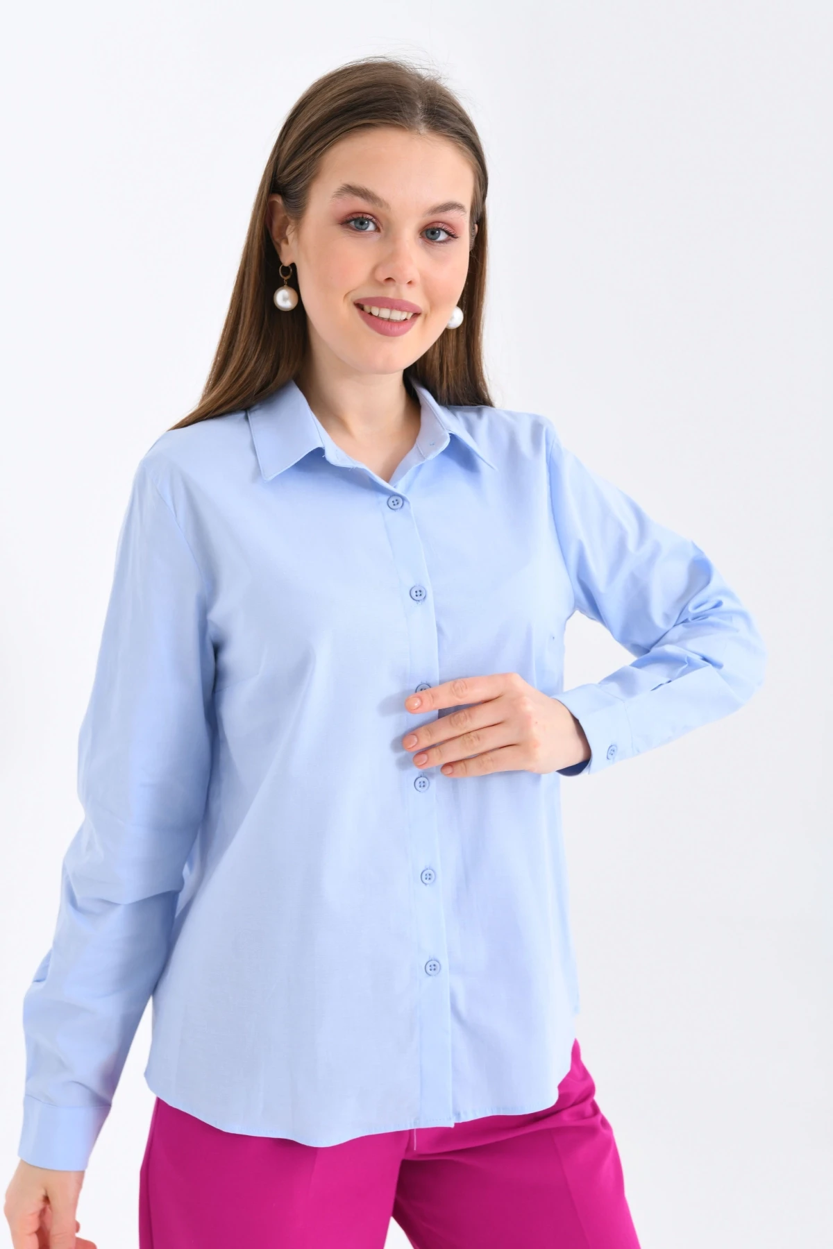Kadın Mavi Basic Dokuma Gömlek