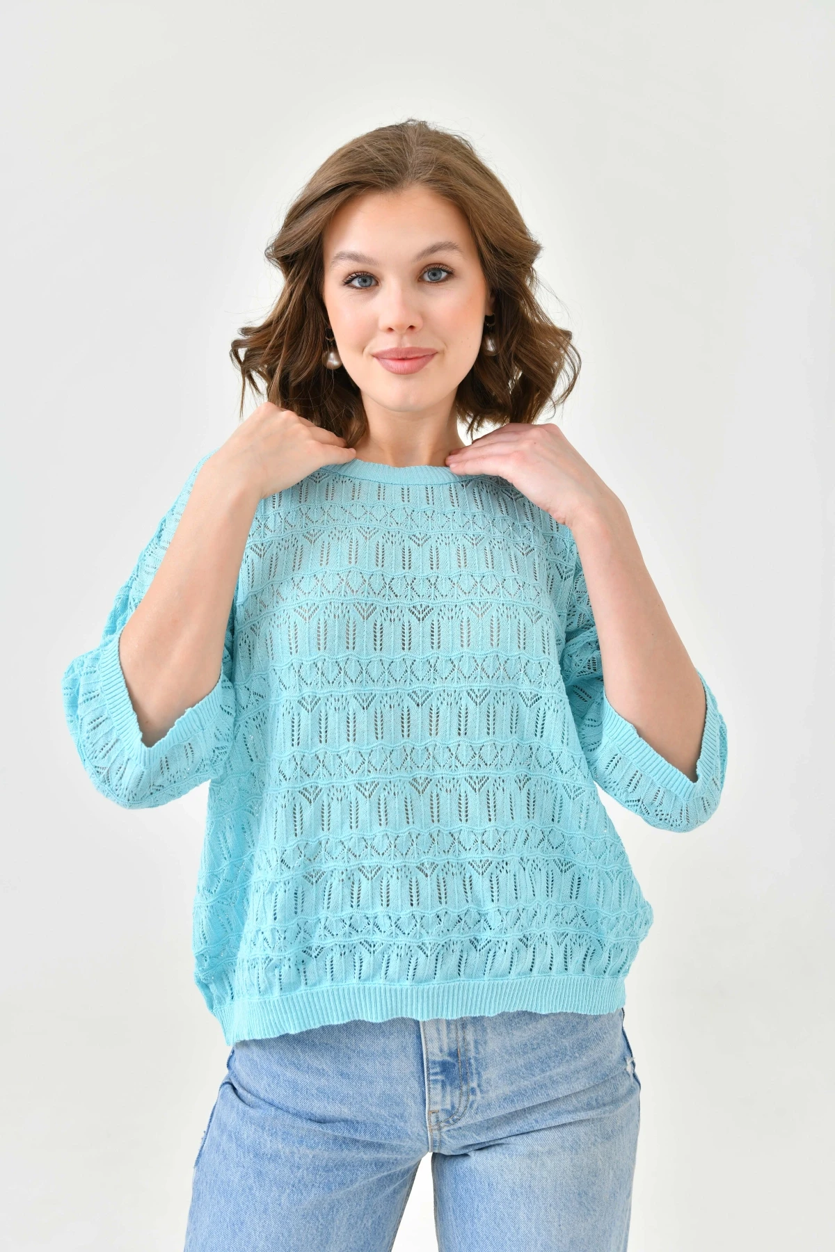 Kadın Mint Ajurlu Mevsimlik Salaş Triko Kazak