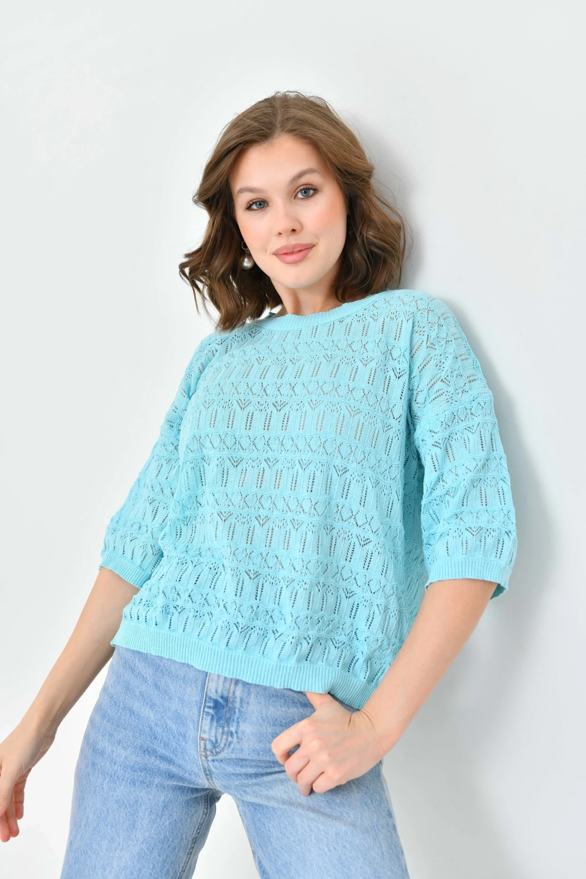 Kadın Mint Ajurlu Mevsimlik Salaş Triko Kazak