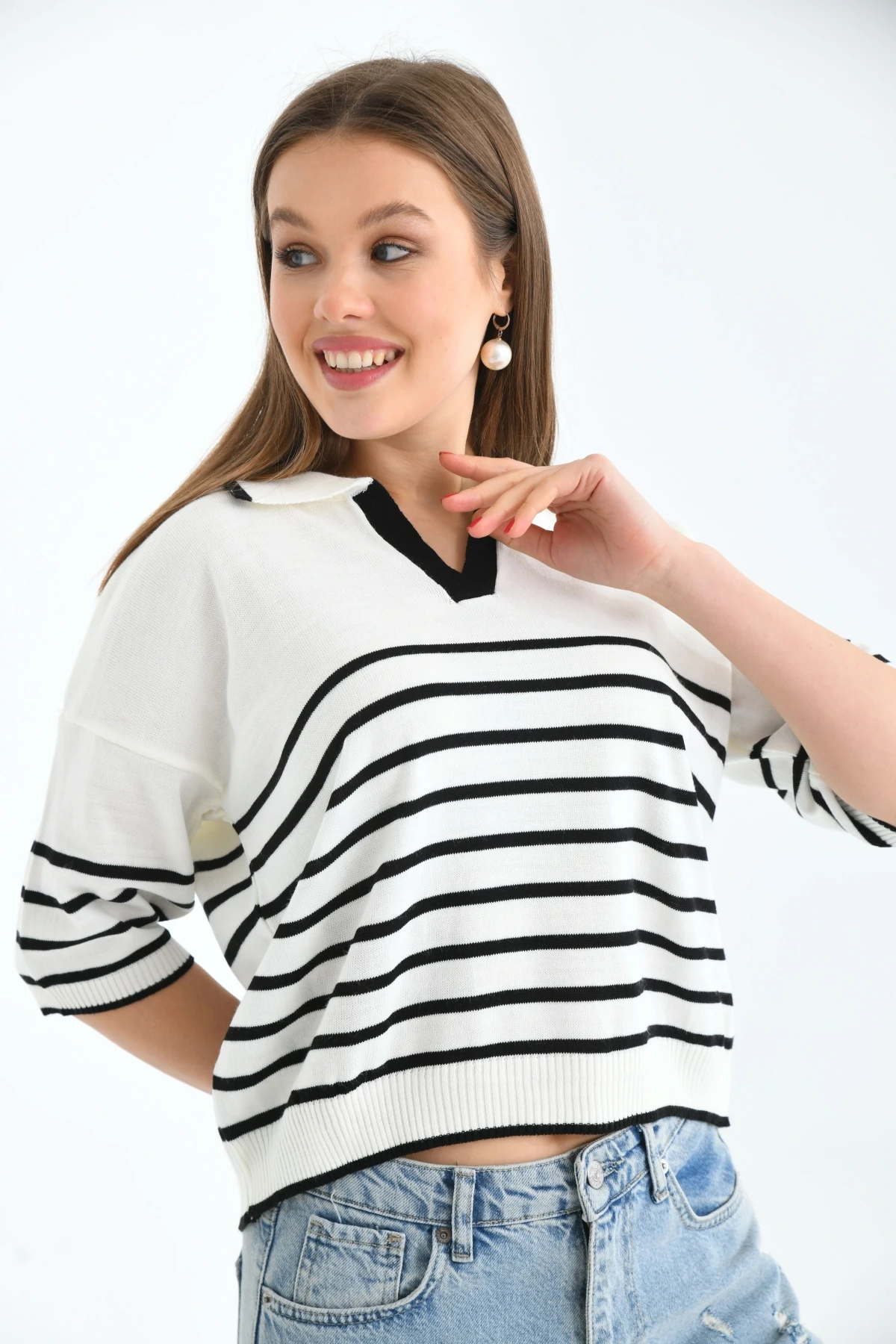 Kadın Polo Yaka Çizgili Triko Kazak Top-Ekru-Siyah
