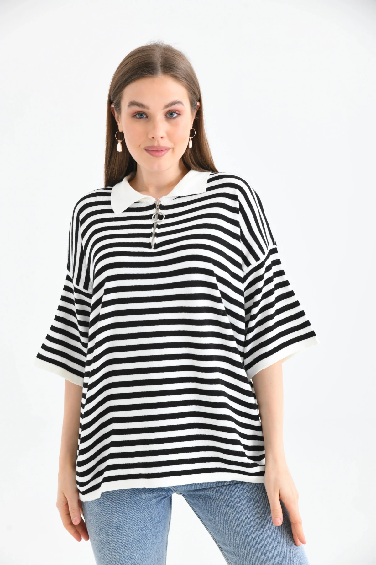 Polo Yaka Fermuarlı Çizgili Mevsimlik Salaş Triko Kazak