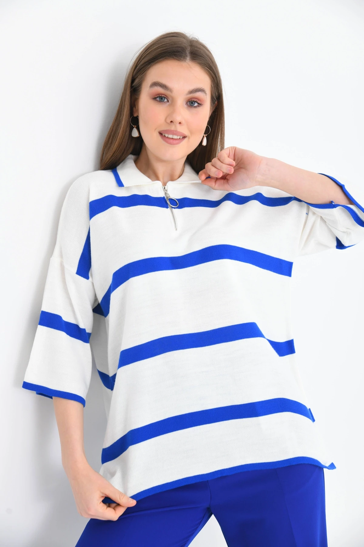 Polo Yaka Fermuarlı Çizgili Salaş Mevsimlik Trko Kazak