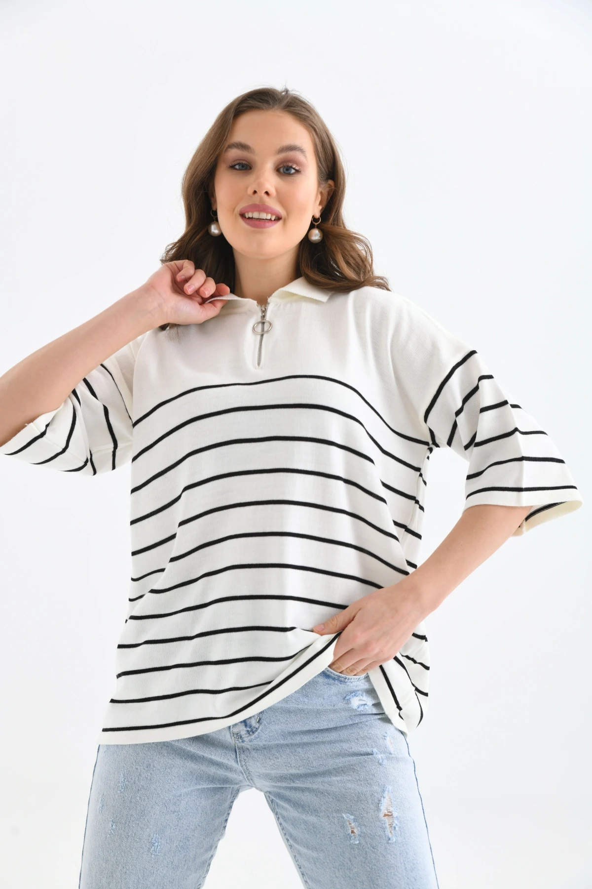 Polo Yaka Fermuarlı Çizgili Uzun Triko Kazak