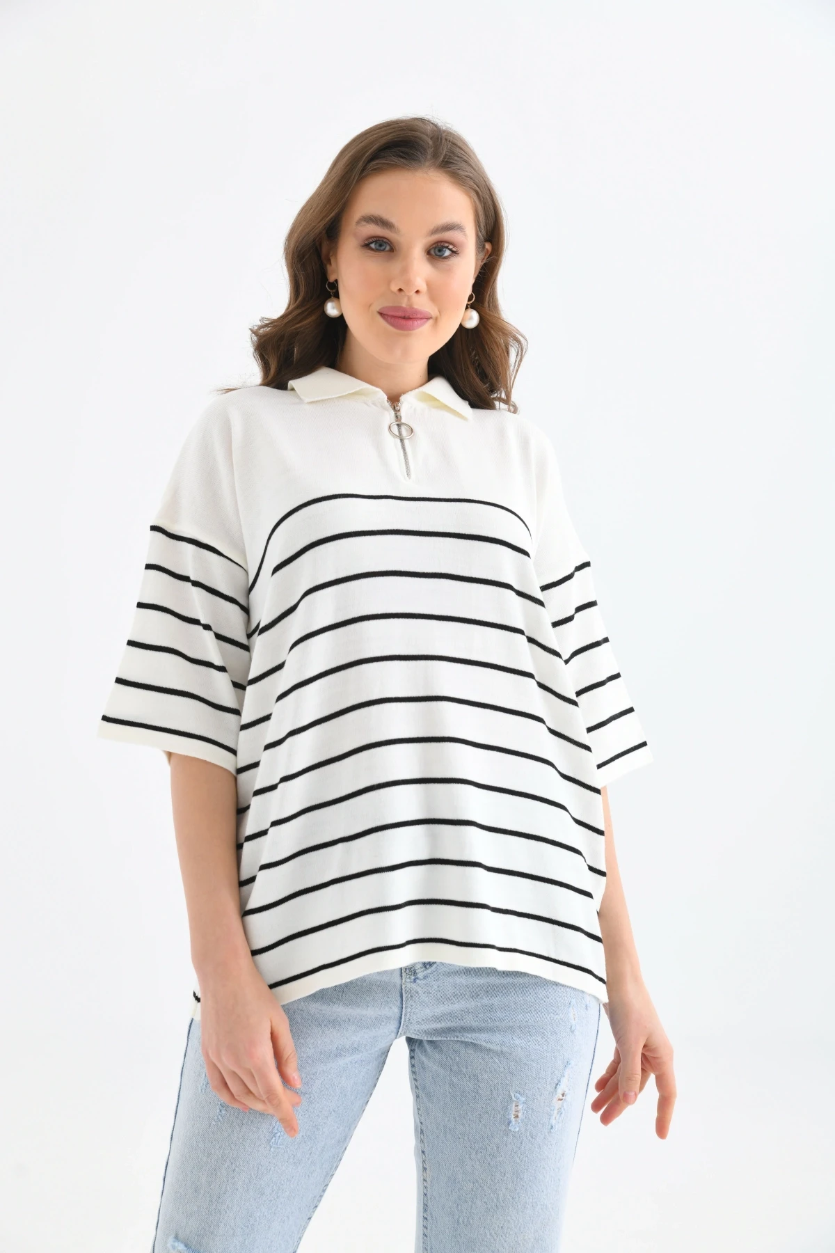 Polo Yaka Fermuarlı Çizgili Uzun Triko Kazak