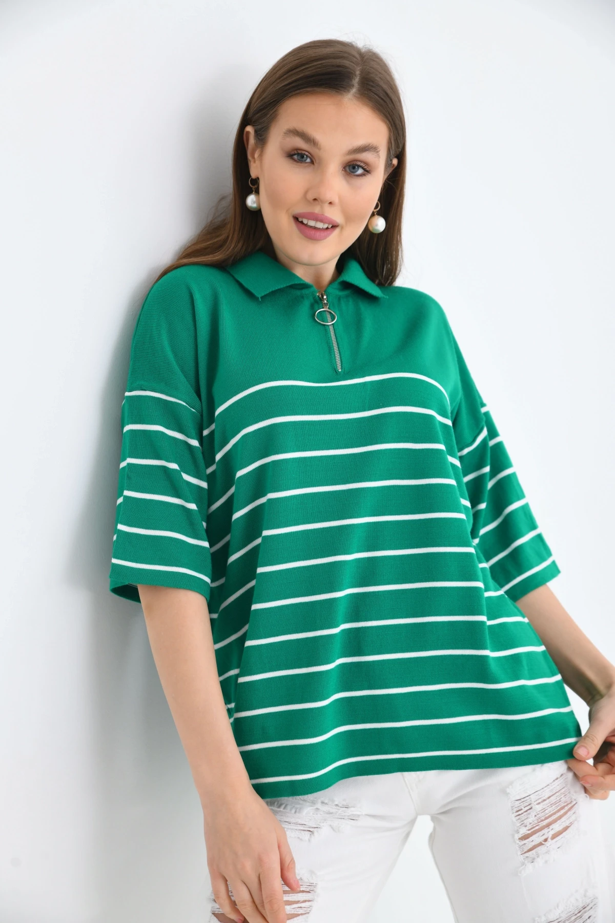 Polo Yaka Fermuarlı Çizgili Uzun Triko Kazak