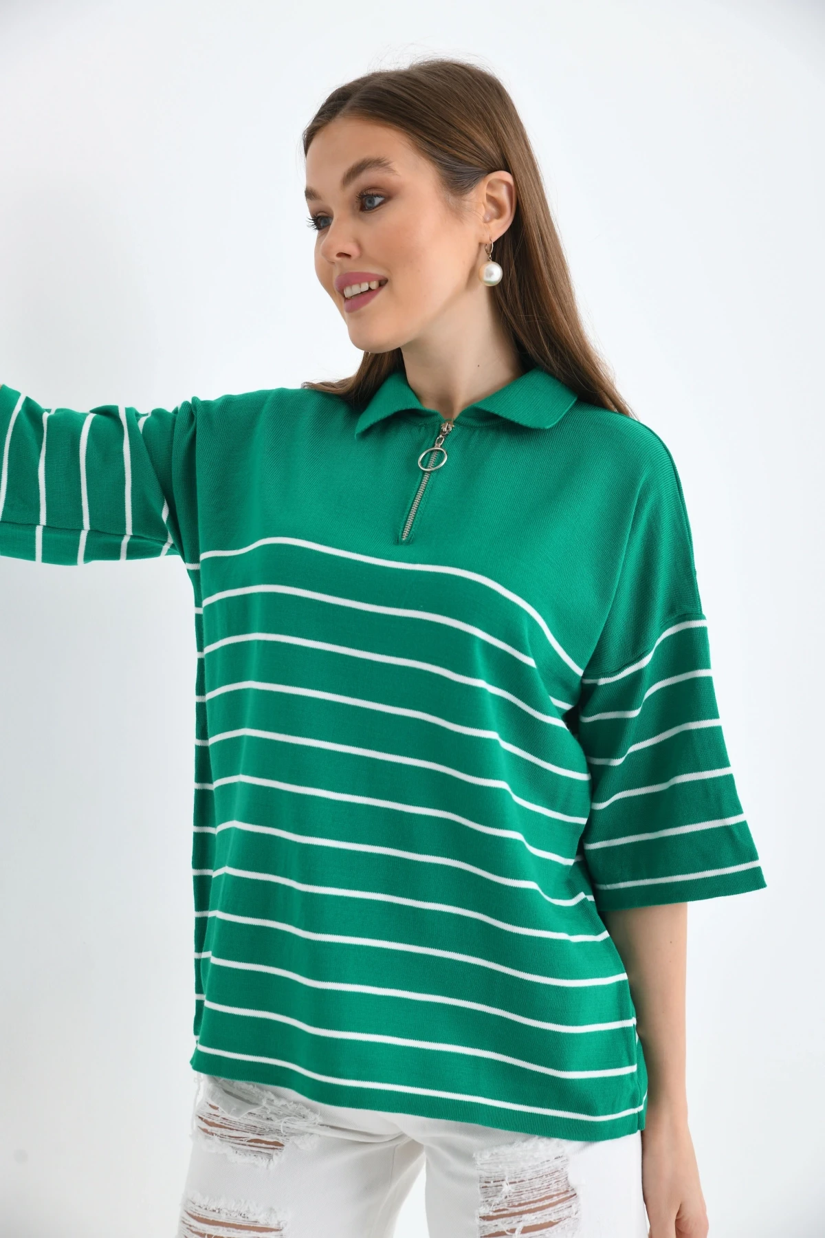 Polo Yaka Fermuarlı Çizgili Uzun Triko Kazak