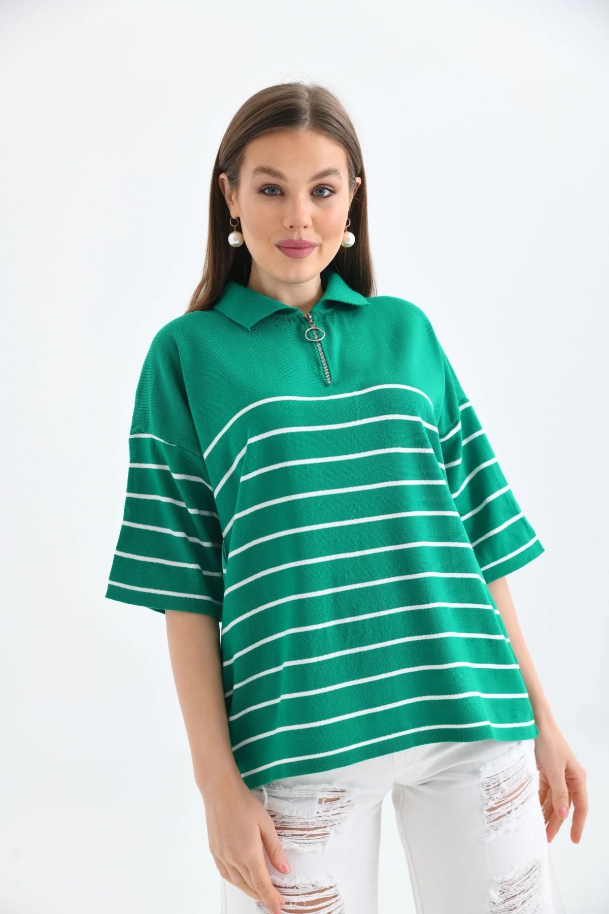 Polo Yaka Fermuarlı Çizgili Uzun Triko Kazak