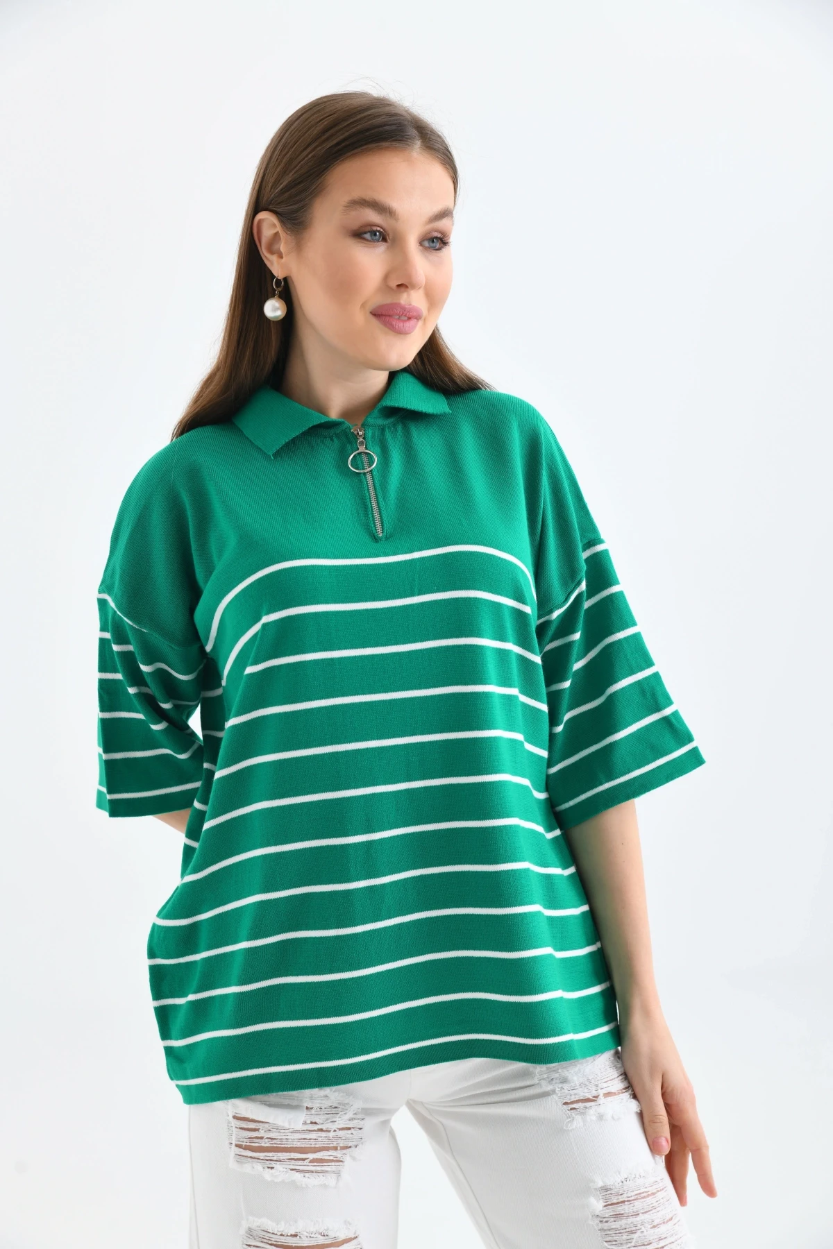 Polo Yaka Fermuarlı Çizgili Uzun Triko Kazak