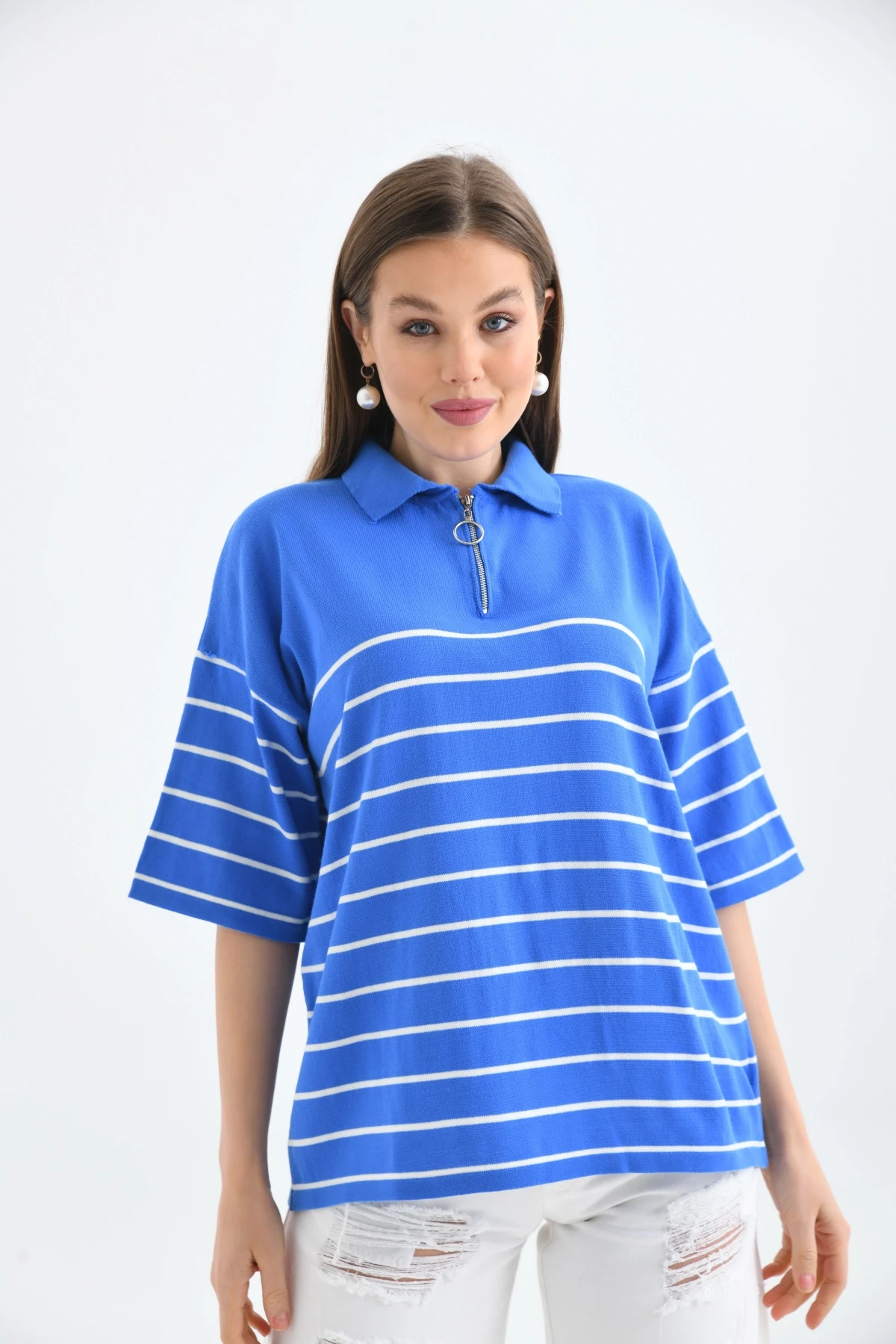 Polo Yaka Fermuarlı Çizgili Uzun Triko Kazak