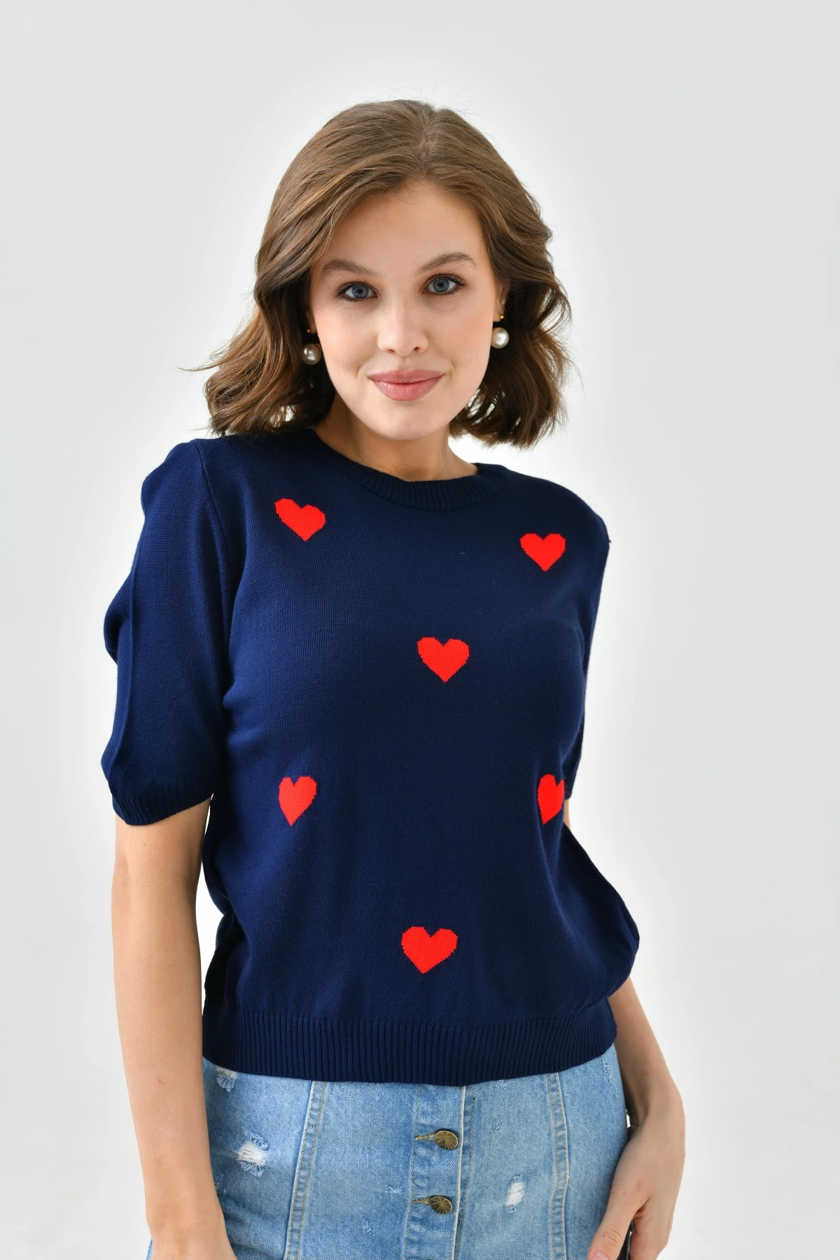 Bisiklet Yaka Kalp Desenli Mevsimlik Triko Kazak