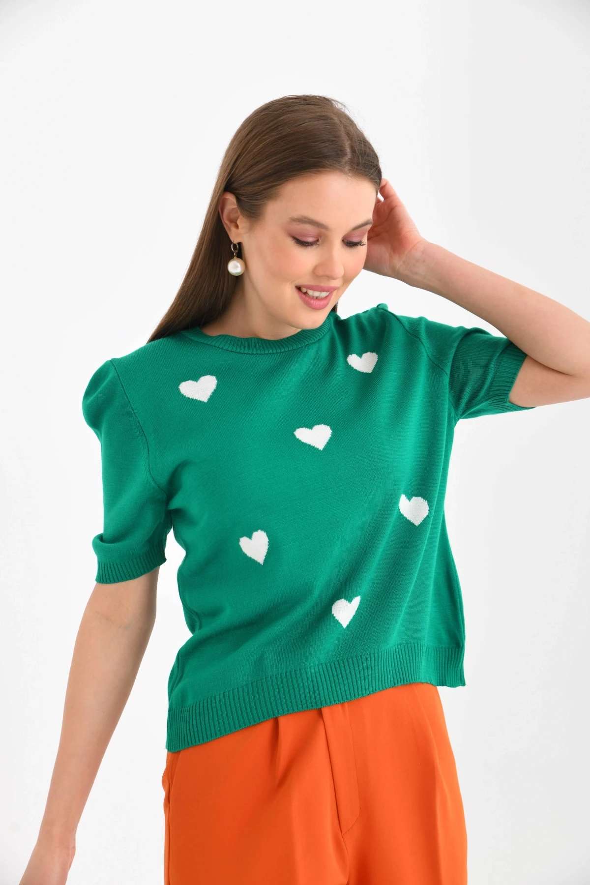 Bisiklet Yaka Kalp Desenli Mevsimlik Triko Kazak