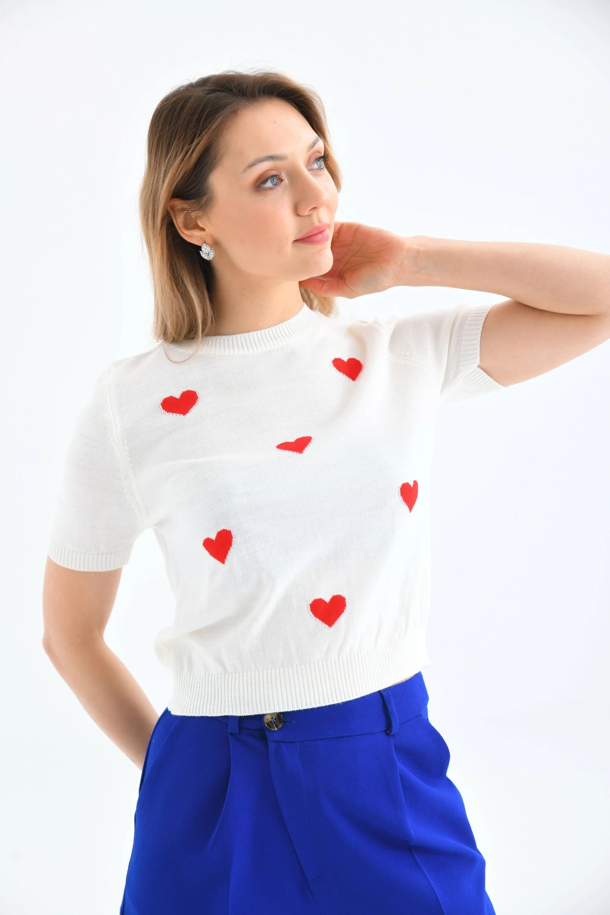 Bisiklet Yaka Kalp Desenli Mevsimlik Triko Kazak