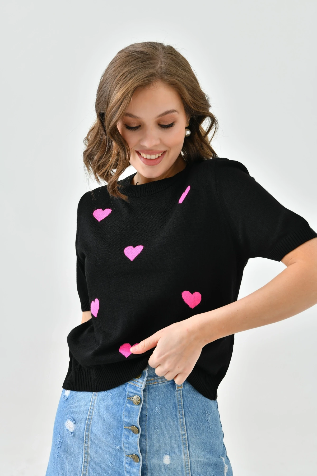 Bisiklet Yaka Kalp Desenli Mevsimlik Triko Kazak