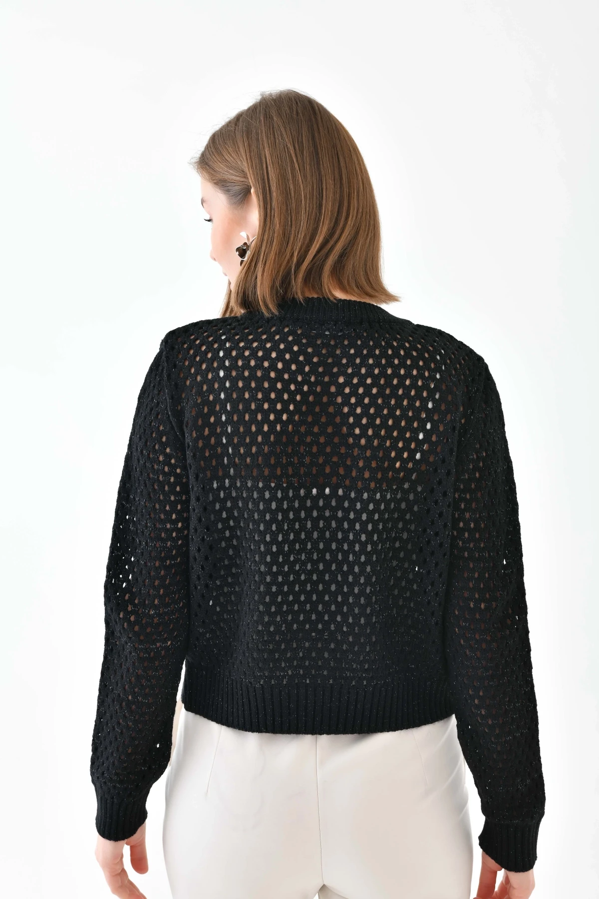 Bisiklet Yaka Fermuar Detaylı Delikli Triko Kazak