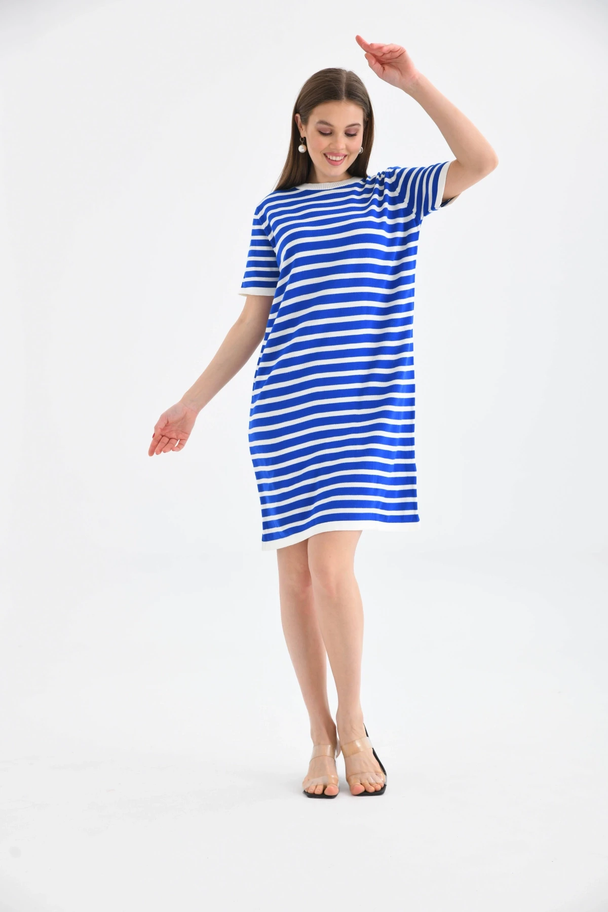Kadın Çizgili Bisiklet Yaka Mevsimlik Triko Elbise