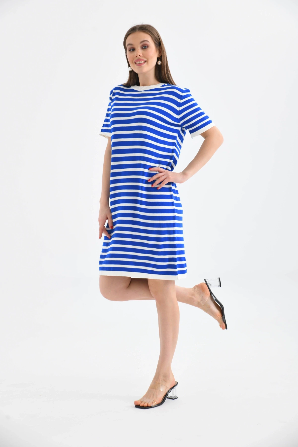 Kadın Çizgili Bisiklet Yaka Mevsimlik Triko Elbise