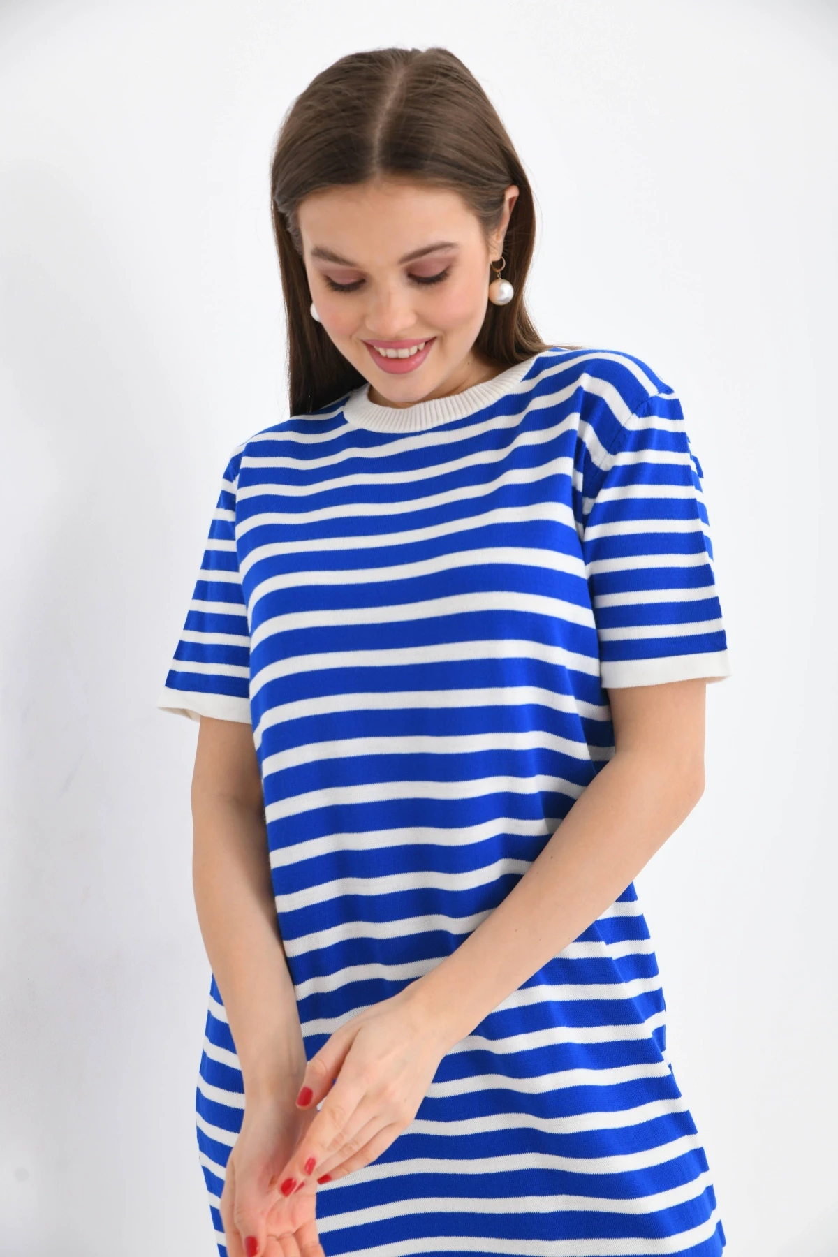 Kadın Çizgili Bisiklet Yaka Mevsimlik Triko Elbise