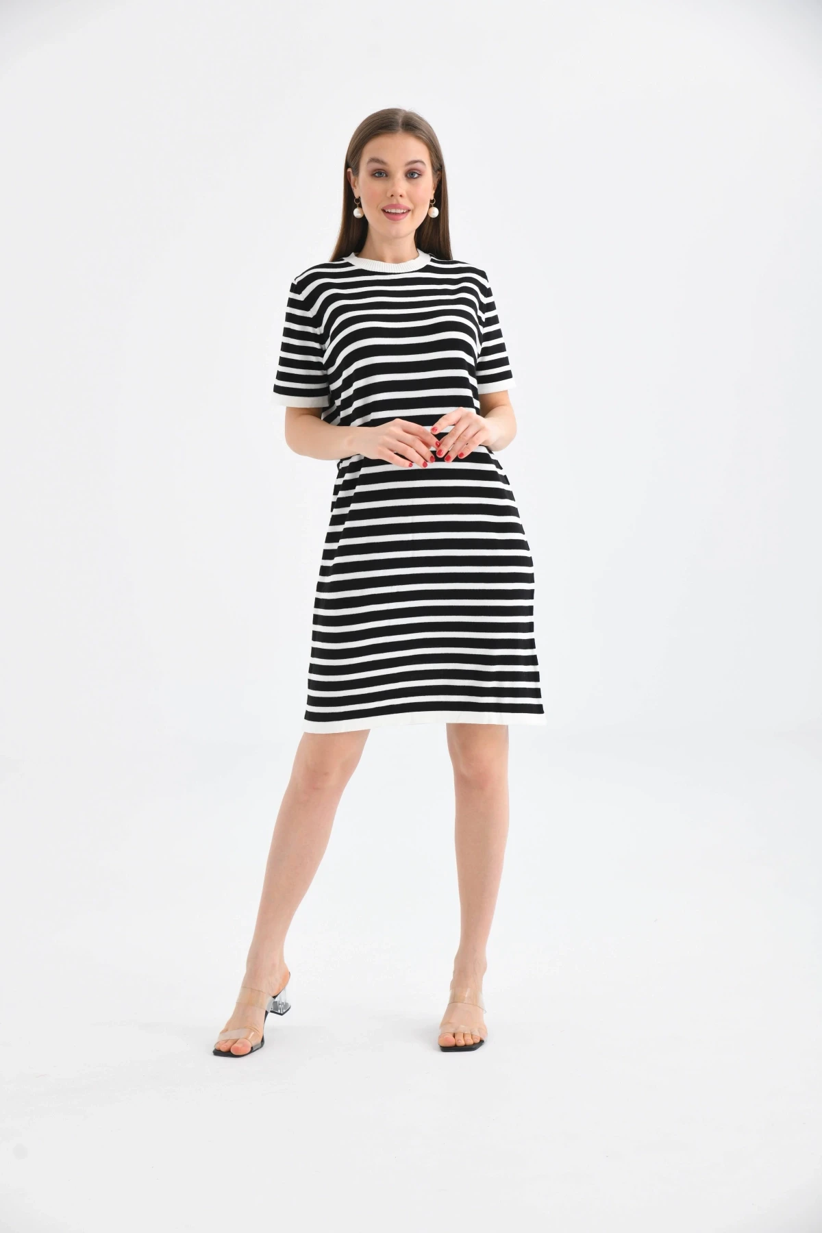 Kadın Çizgili Bisiklet Yaka Mevsimlik Triko Elbise