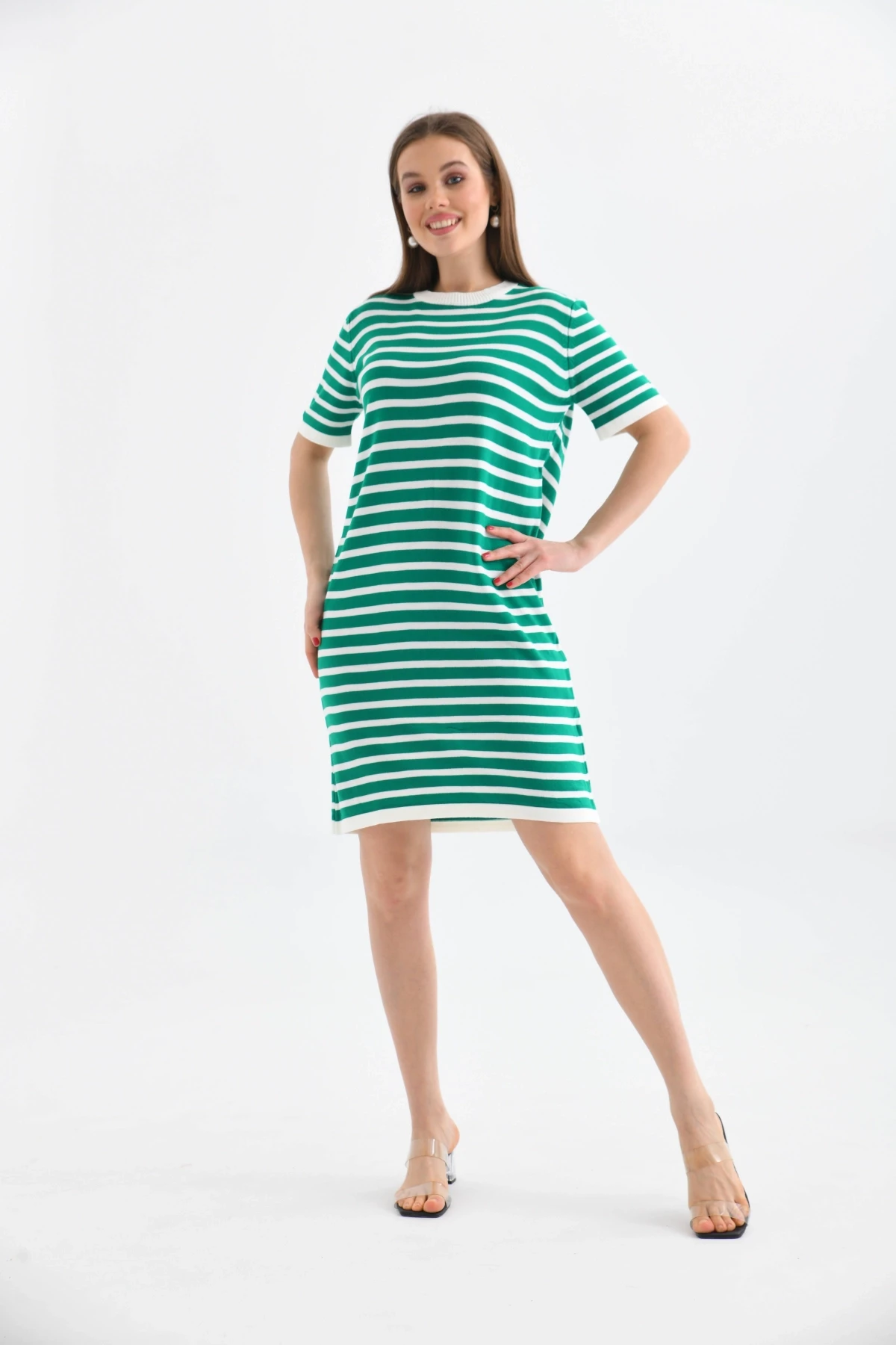 Kadın Çizgili Bisiklet Yaka Mevsimlik Triko Elbise