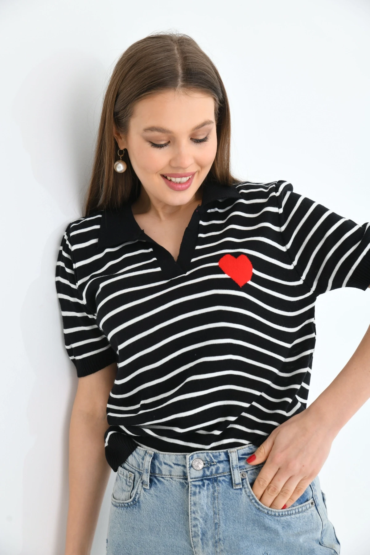 Kadın Çizgili Kalpli Mevsimlik Triko Kazak