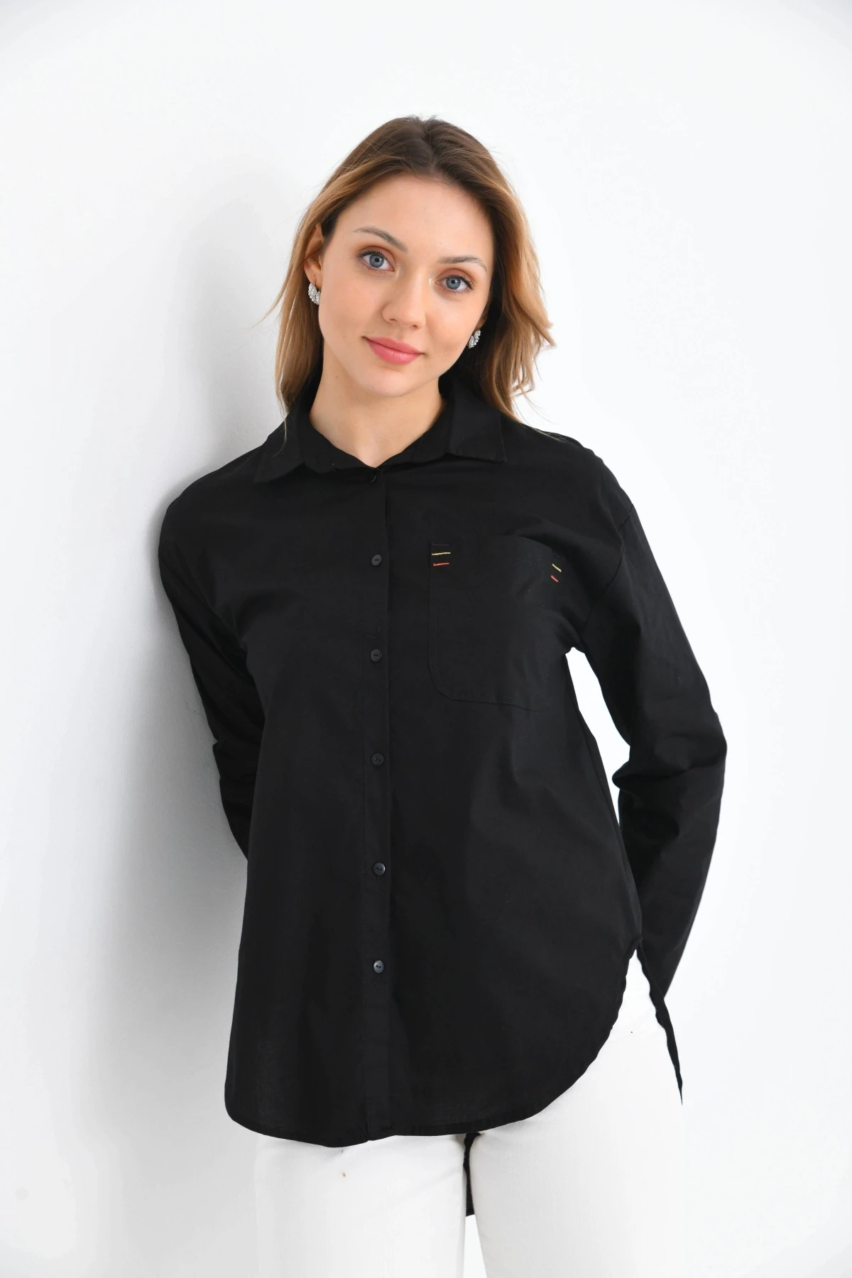 Oversize Cep Detay Uzun Basic Gömlek