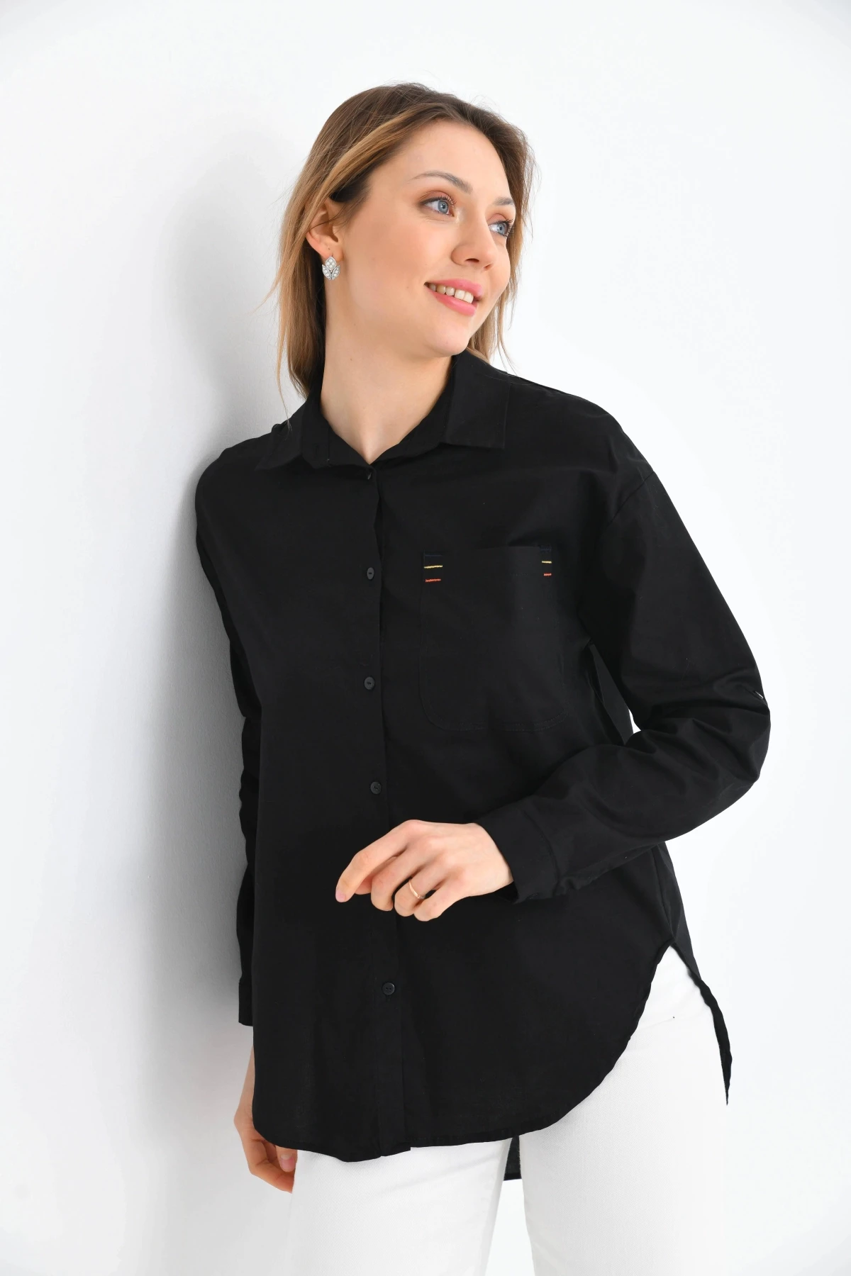 Oversize Cep Detay Uzun Basic Gömlek