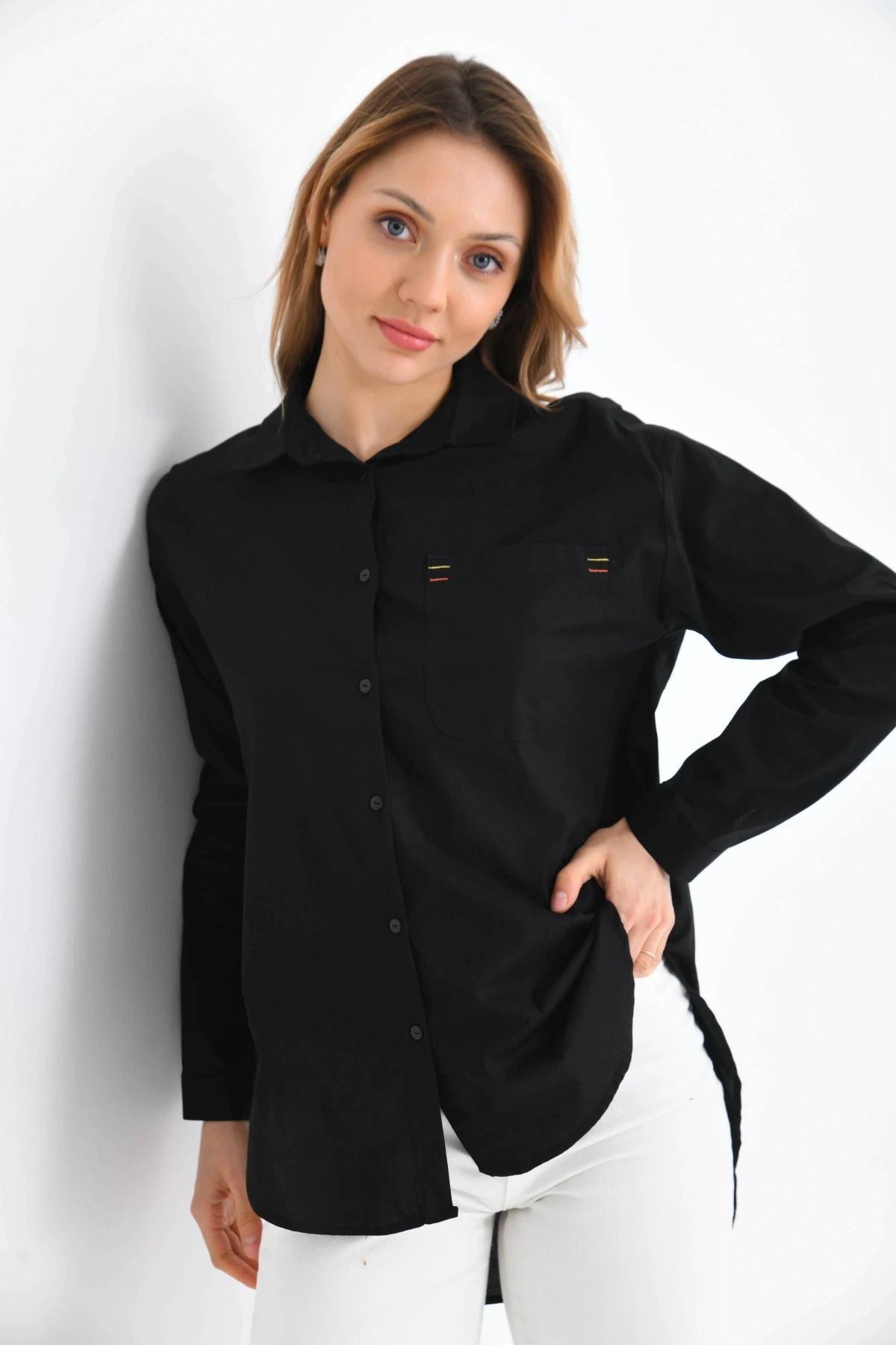 Oversize Cep Detay Uzun Basic Gömlek