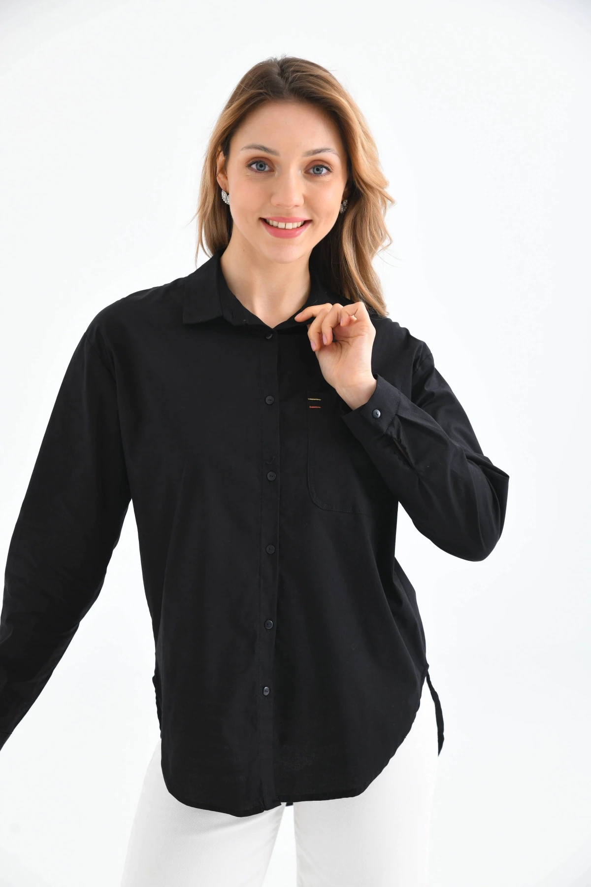 Oversize Cep Detay Uzun Basic Gömlek