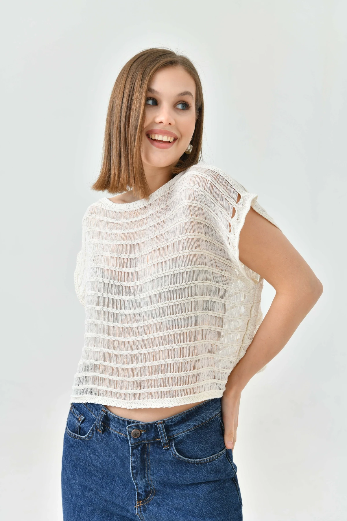 Kadın Taş Ajurlu Kayık Yaka Salaş Triko Bluz