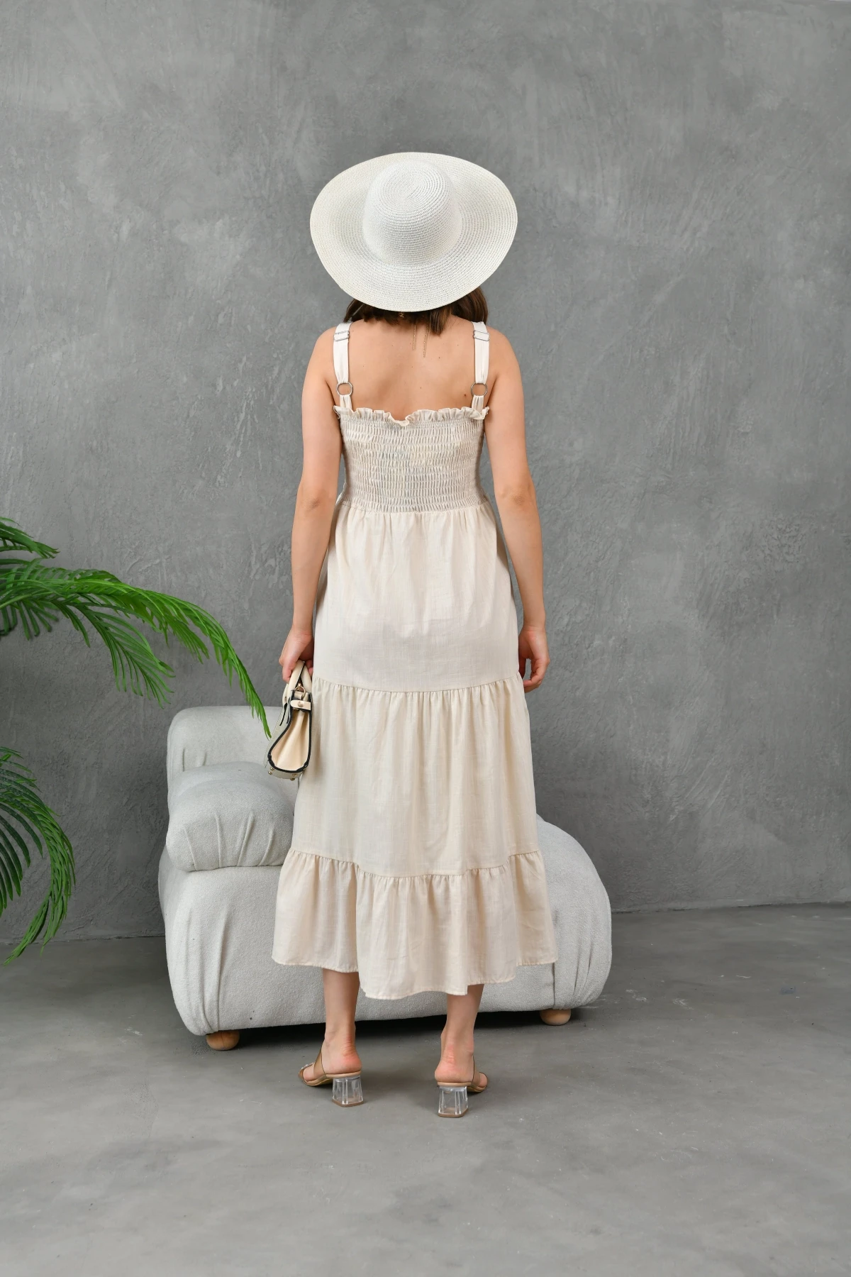 Gipe Detay Askılı Eteği Volanlı Astarlı Dokuma Elbise