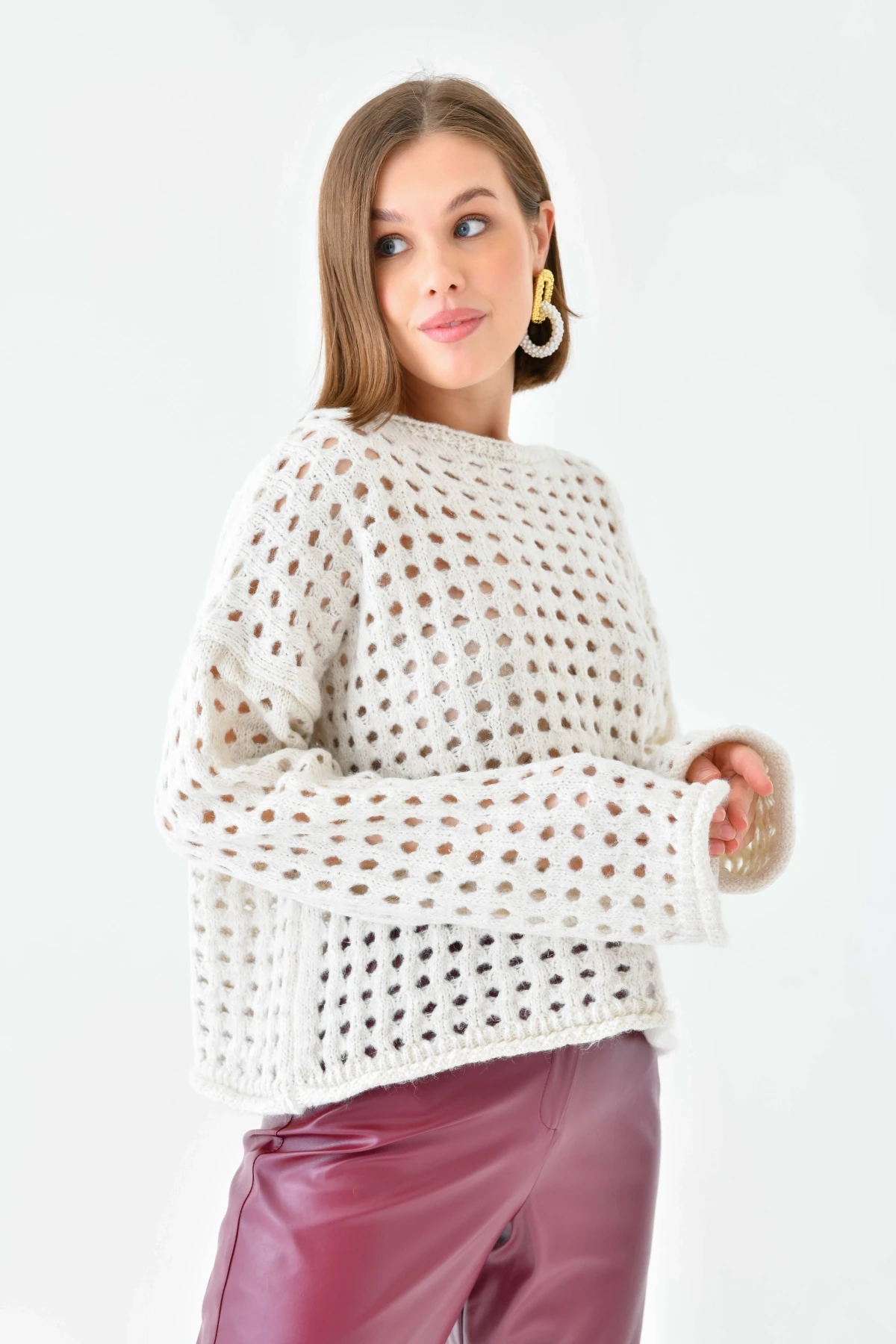 Simli Örgü Detaylı Oversize Bisiklet Yaka Triko Kazak