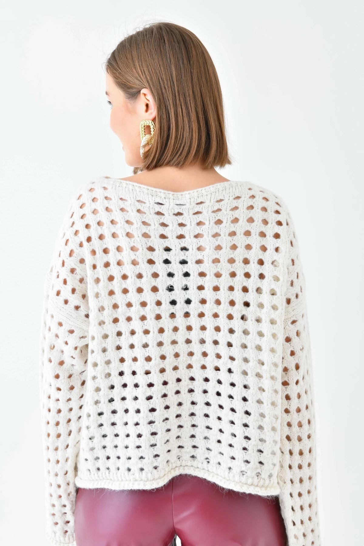 Simli Örgü Detaylı Oversize Bisiklet Yaka Triko Kazak