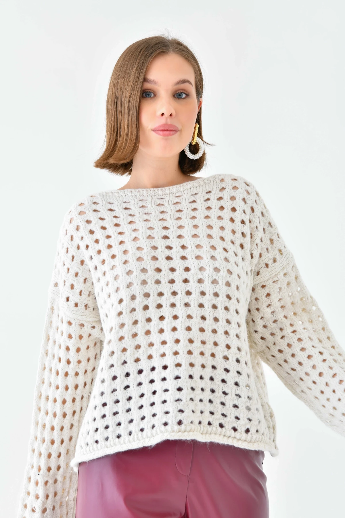 Simli Örgü Detaylı Oversize Bisiklet Yaka Triko Kazak