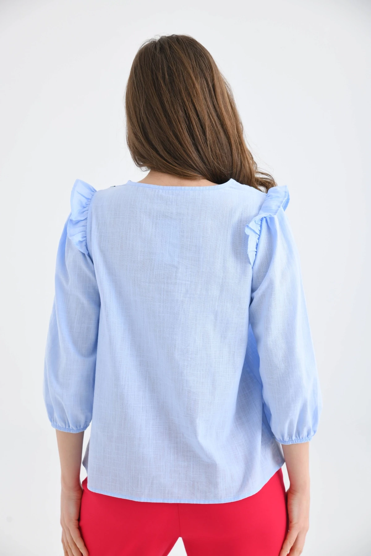 Kadın Uzun Kol Bağlama Detay Nakışlı Salaş Bluz