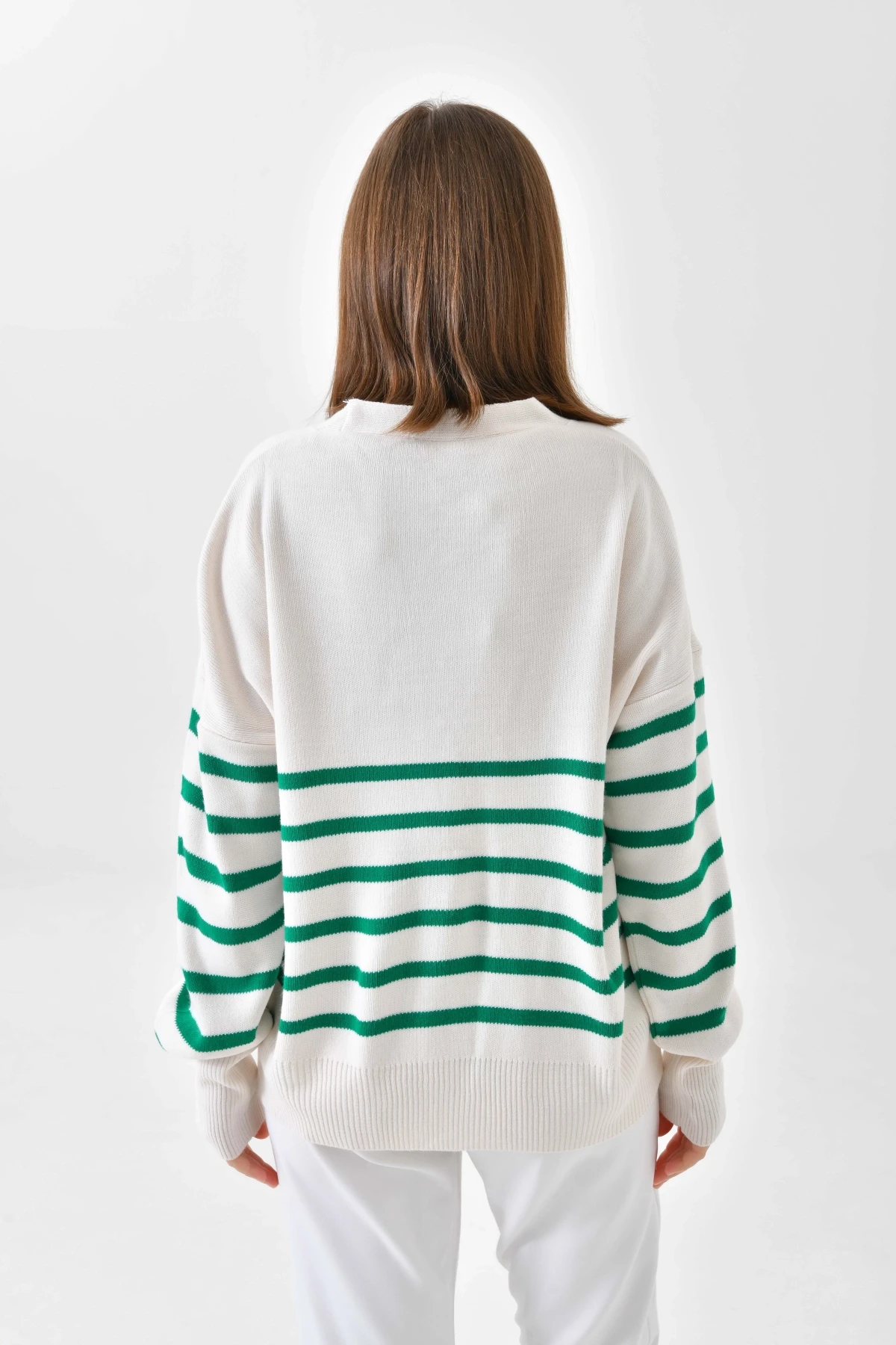 Çizgili Düğme Detaylı Oversize Triko Hırka