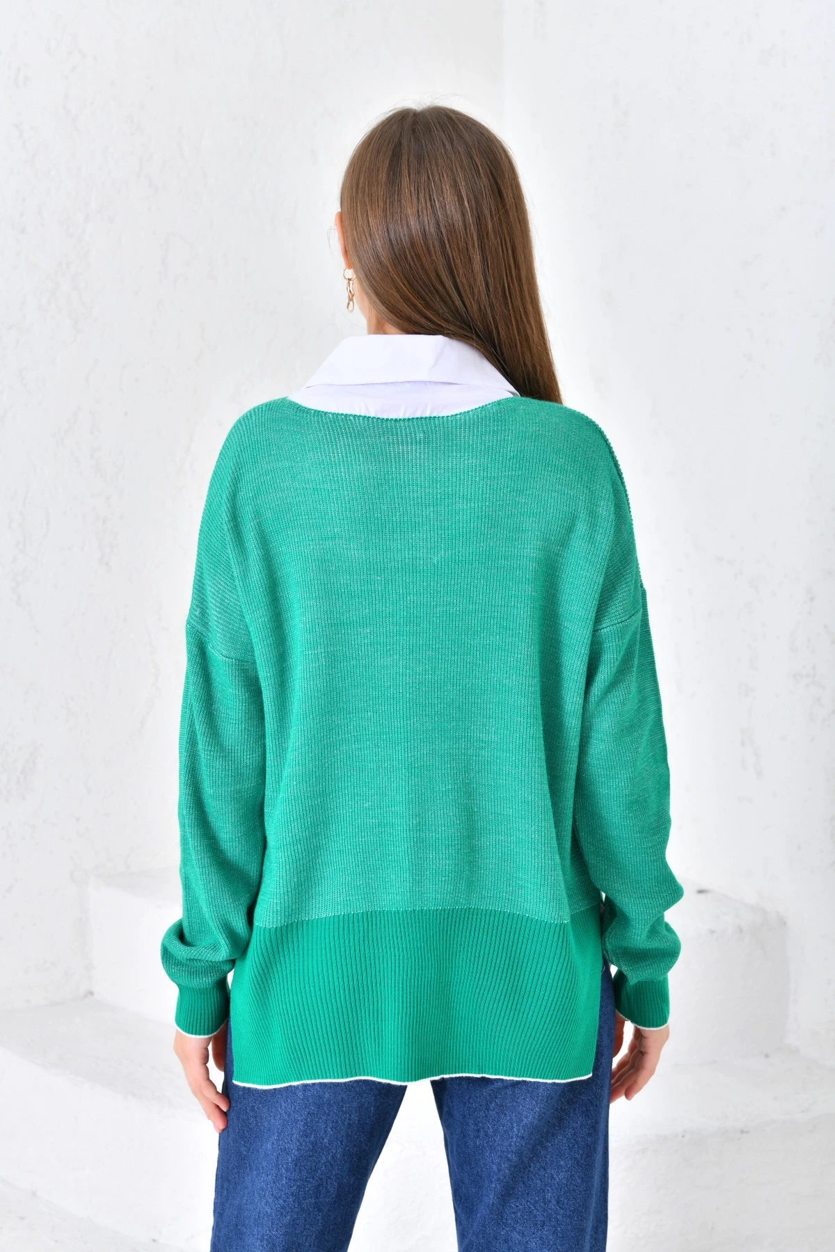 Gömlek Yaka Detaylı Yeşil Triko Kazak