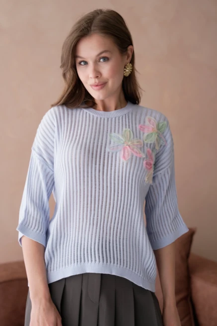 Bisiklet Yaka Aplikeli Ajurlu Salaş Triko Bluz