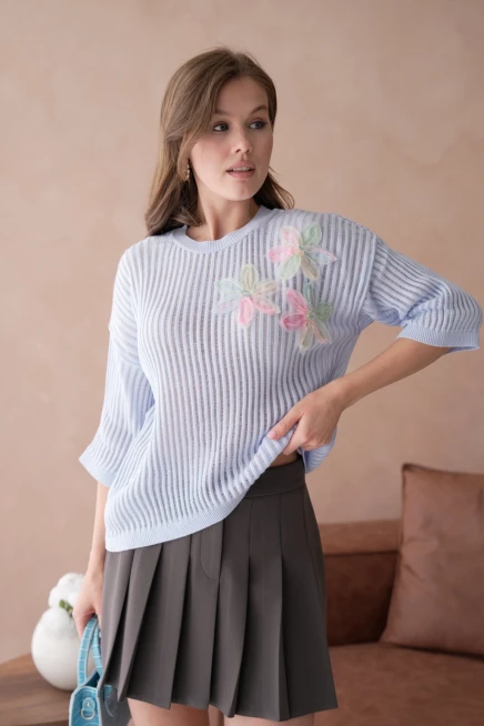 Bisiklet Yaka Aplikeli Ajurlu Salaş Triko Bluz