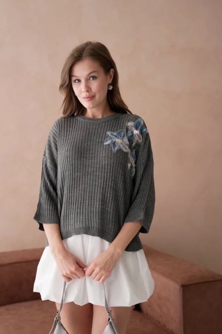 Bisiklet Yaka Aplikeli Ajurlu Salaş Triko Bluz