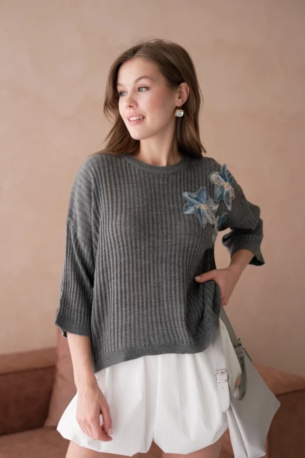 Bisiklet Yaka Aplikeli Ajurlu Salaş Triko Bluz