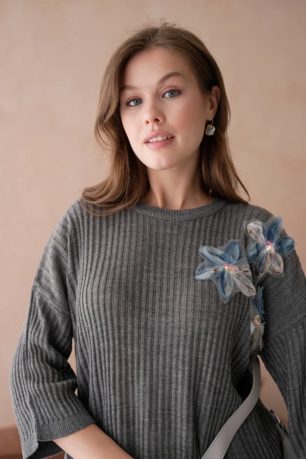 Bisiklet Yaka Aplikeli Ajurlu Salaş Triko Bluz