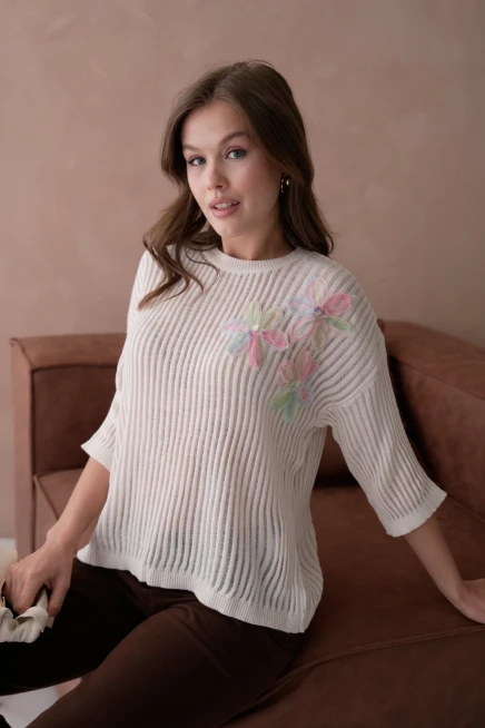 Bisiklet Yaka Aplikeli Ajurlu Salaş Triko Bluz