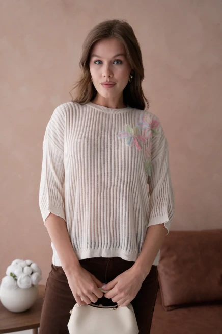 Bisiklet Yaka Aplikeli Ajurlu Salaş Triko Bluz