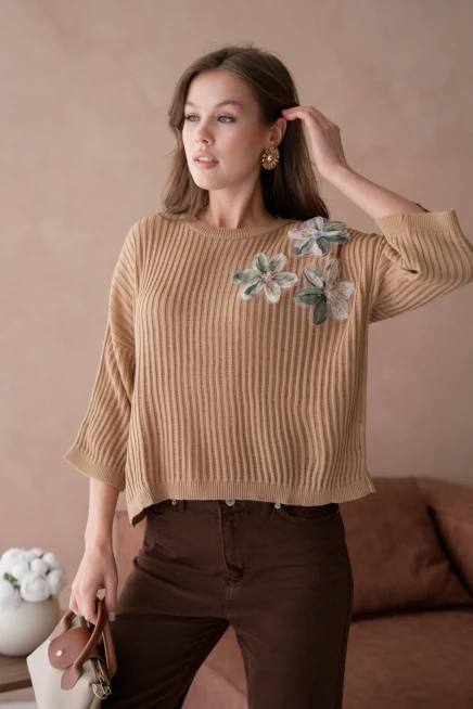 Bisiklet Yaka Aplikeli Ajurlu Salaş Triko Bluz