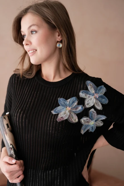 Bisiklet Yaka Aplikeli Ajurlu Salaş Triko Bluz