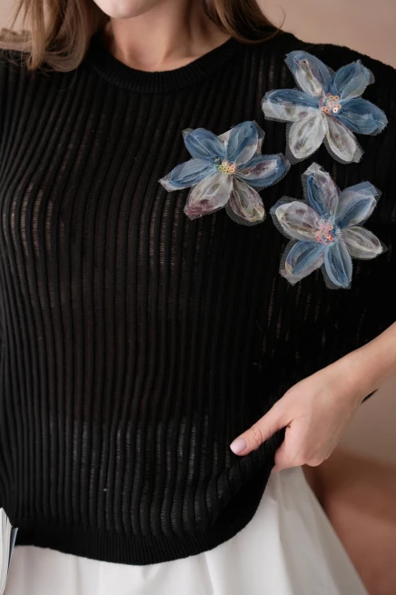 Bisiklet Yaka Aplikeli Ajurlu Salaş Triko Bluz